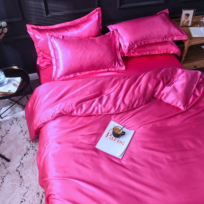 Parure de lit Rose fushia type satin - Drap housse / Housse de couette / 2 taies d'oreiller La Maison des Housses
