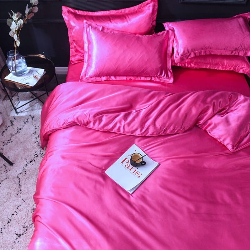 Parure de lit Rose fushia type satin - Drap housse / Housse de couette / 2 taies d'oreiller La Maison des Housses