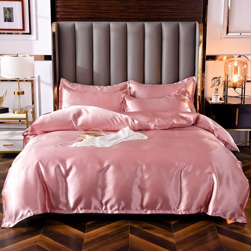 Parure de lit Rose pêche type satin - Drap housse / Housse de couette / 2 taies d'oreiller La Maison des Housses