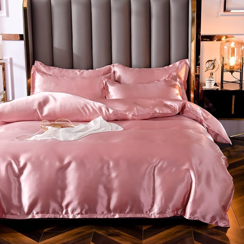 Parure de lit Rose pêche type satin - Drap housse / Housse de couette / 2 taies d'oreiller La Maison des Housses