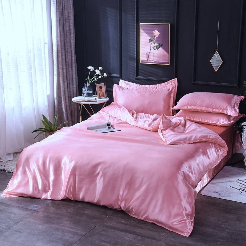 Parure de lit Rose type satin - Drap housse / Housse de couette / 2 taies d'oreiller La Maison des Housses