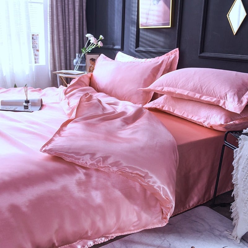 Parure de lit Rose type satin - Drap housse / Housse de couette / 2 taies d'oreiller La Maison des Housses