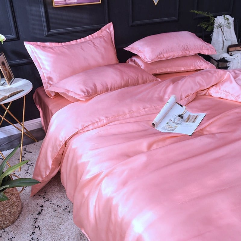 Parure de lit Rose type satin - Drap housse / Housse de couette / 2 taies d'oreiller La Maison des Housses