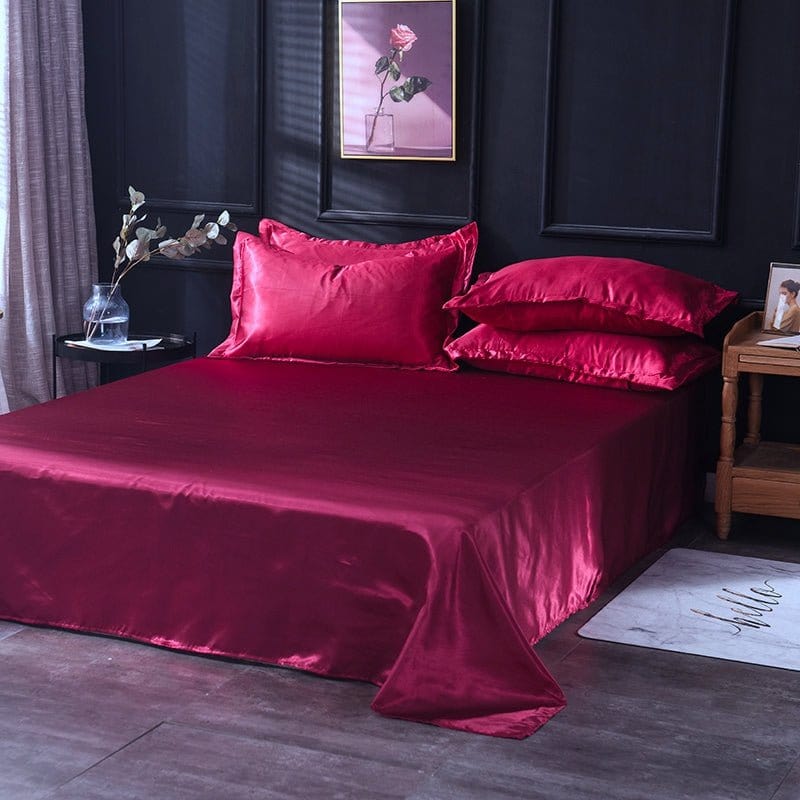 Parure de lit Rouge type satin - Drap housse / Housse de couette / 2 taies d'oreiller La Maison des Housses