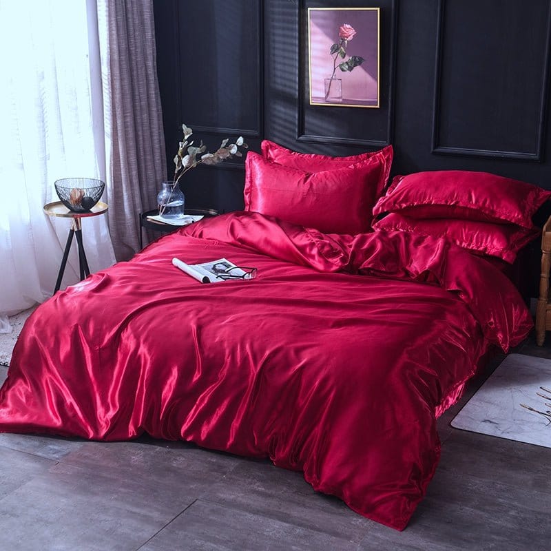 Parure de lit Rouge type satin - Drap housse / Housse de couette / 2 taies d'oreiller La Maison des Housses