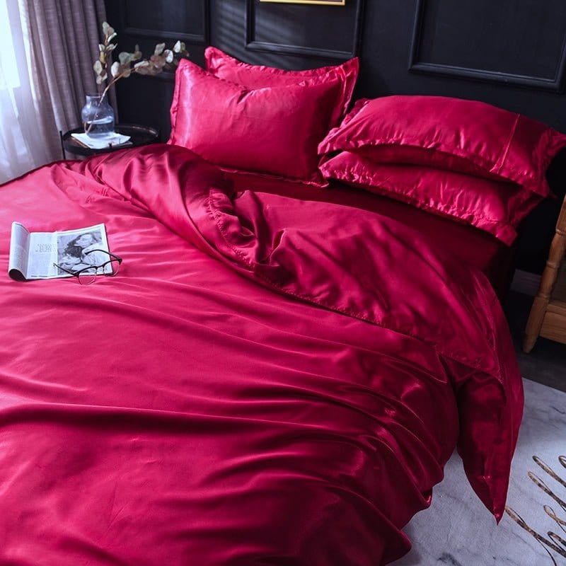 Parure de lit Rouge type satin - Drap housse / Housse de couette / 2 taies d'oreiller La Maison des Housses