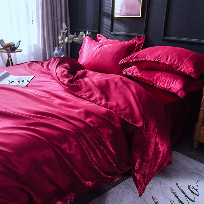 Parure de lit Rouge type satin - Drap housse / Housse de couette / 2 taies d'oreiller La Maison des Housses