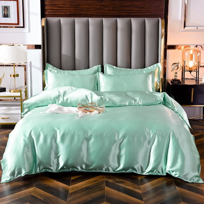 Parure de lit Vert opaline type satin - Drap housse / Housse de couette / 2 taies d'oreiller La Maison des Housses