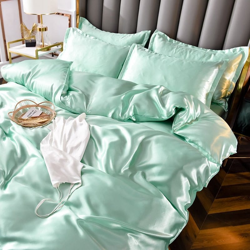 Parure de lit Vert opaline type satin - Drap housse / Housse de couette / 2 taies d'oreiller La Maison des Housses