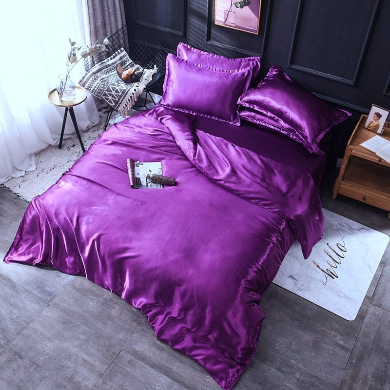Parure de lit Violet type satin - Drap housse / Housse de couette / 2 taies d'oreiller La Maison des Housses