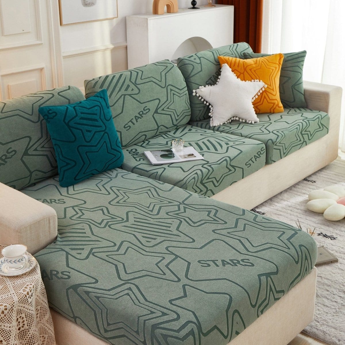 Vert - Housse polaire pour Coussin d'assise et dossier de Canapé - Motif Star La Maison des Housses
