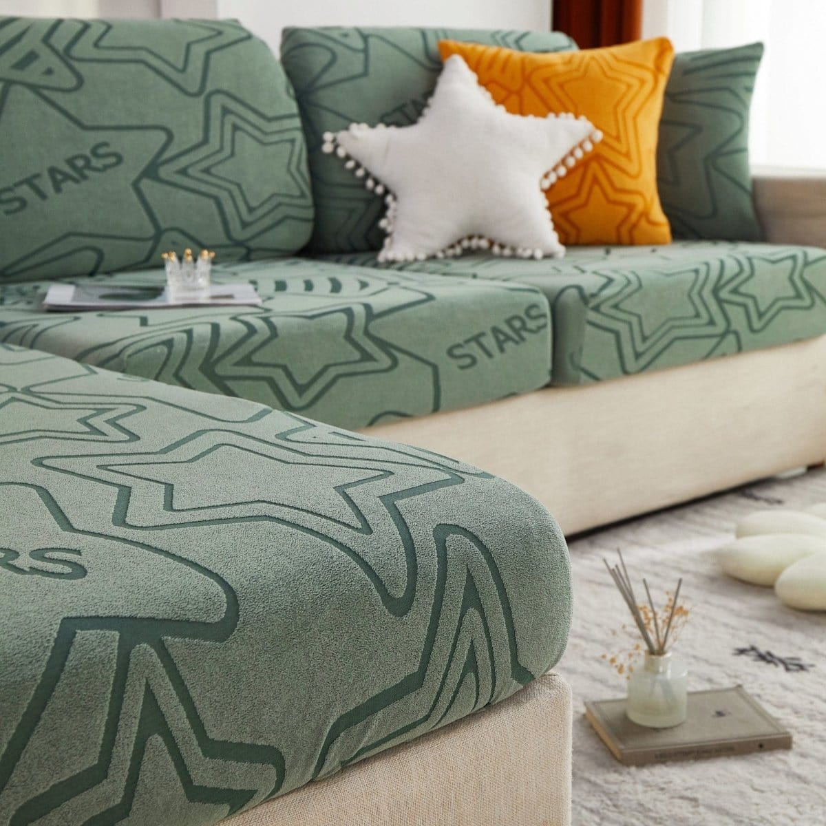Vert - Housse polaire pour Coussin d'assise et dossier de Canapé - Motif Star La Maison des Housses