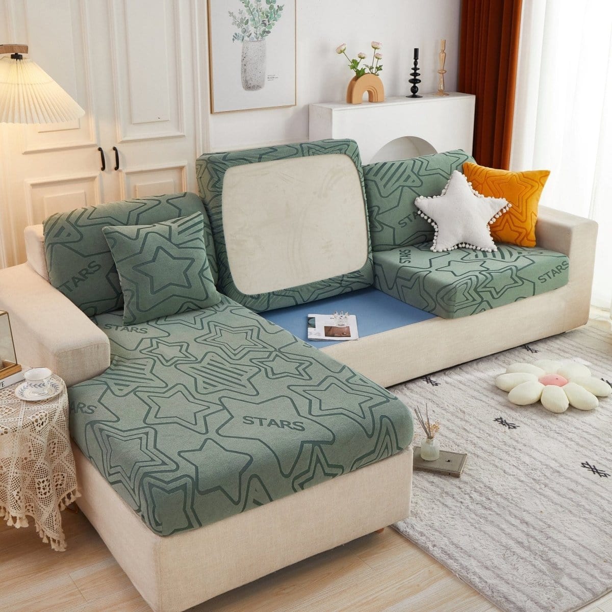 Vert - Housse polaire pour Coussin d'assise et dossier de Canapé - Motif Star La Maison des Housses